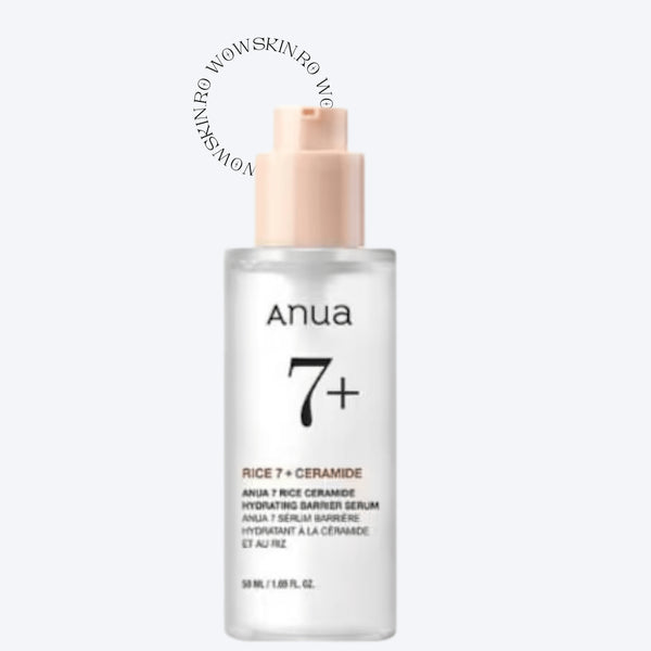 Anua Rice 7 Ceramide Serum 50 ml hidratează intens și întărește bariera pielii. Ser coreean ideal pentru ten sensibil, uscat sau deshidratat.